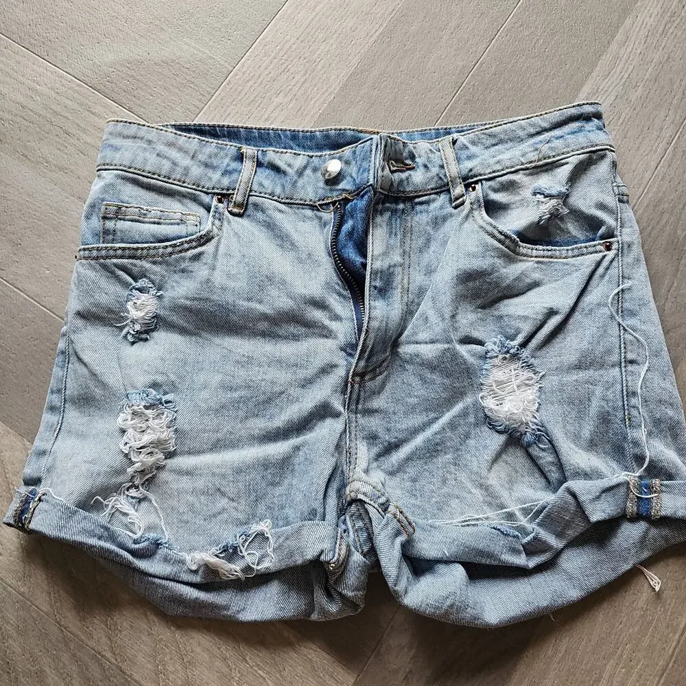 Ripped Distressed Denim Jean Shorts High‎ Waisted Cuffed Hem Blue H&M Size 6